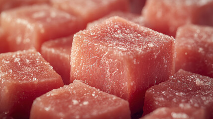 Raw pork cubes ready for kebabs, captured in close-up with surface moisture and visible muscle detail 