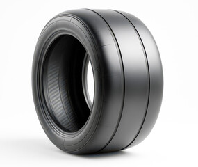 Slick racing tire standing on white background