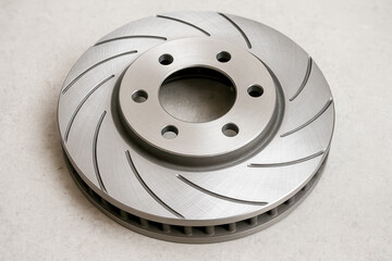 Cross drilled ventilated brake disc rotor lying on a gray surface