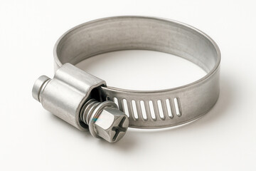 Metal hose clamp tightening a flexible tube on white background