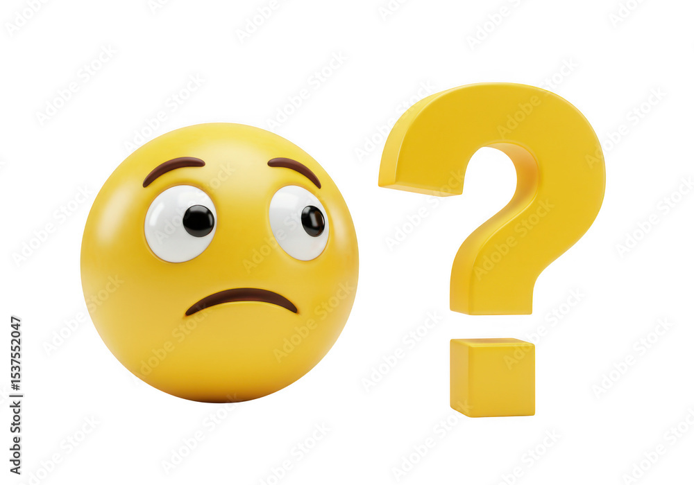 Poster confused emoji with question mark concept yellow color render art on transparent background
