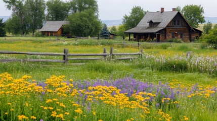 Scenic rural tourist retreat with wildflower meadow, wooden fence, and small cottage