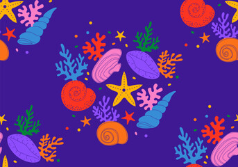 Seamless pattern with seashells. Tropical underwater mollusk shells illustration