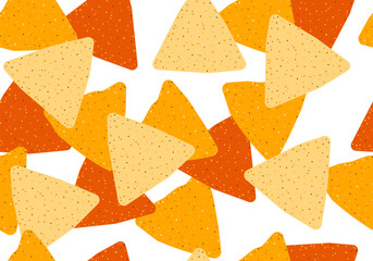 Nachos, tortilla fried corn chips seamless pattern, background. Mexican food