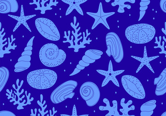 Seamless pattern with seashells. Tropical underwater mollusk shells illustration