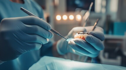 A dentist examining a patient's teeth in a modern dental clinic, with dental instruments and a chair in the background, macro shot