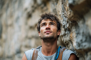 A man with a beard and a blue rope is looking up at the sky