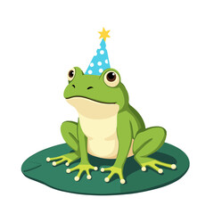 Naklejka premium A whimsical frog celebrates with a festive party hat, perched on a lily pad, creating a cheerful illustration. vector illustration 