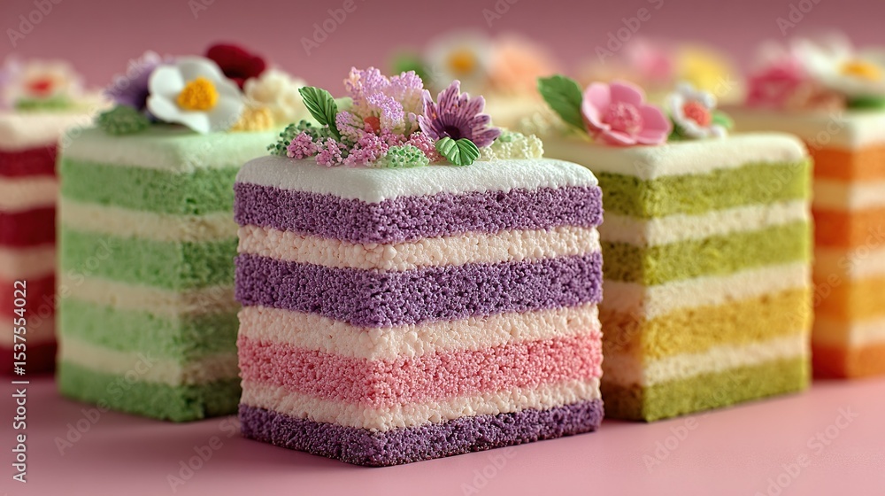 Poster a close-up of a cake slice with flowers on top and another cake slice visible on the side