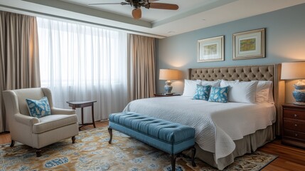 Spacious suite bedroom with elegant drapes, lounge corner, and designer finishes