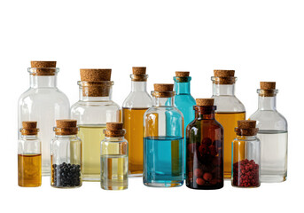 Essential oils bottles collection for aromatherapy and wellness spa on transparent background