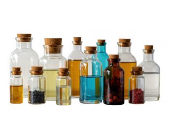 Essential oils bottles collection for aromatherapy and wellness spa on transparent background