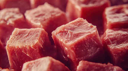 Raw pork cubes ready for kebabs, captured in close-up with surface moisture and visible muscle detail