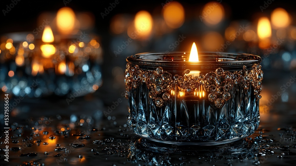 Poster a close-up of a lit candle in a glass container on a table with other lit candles in the background