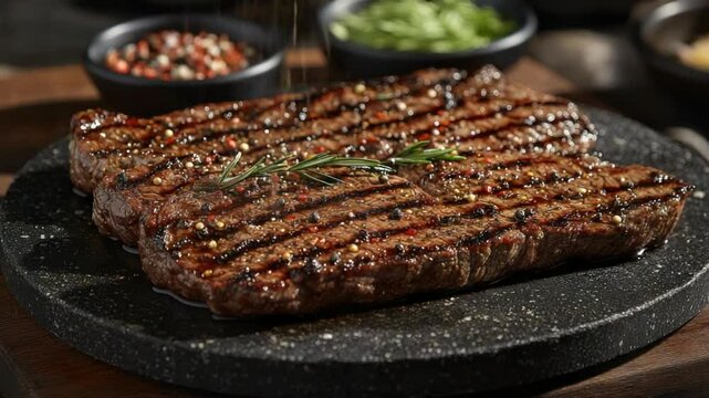Two seasoned steaks on a dark stone platter