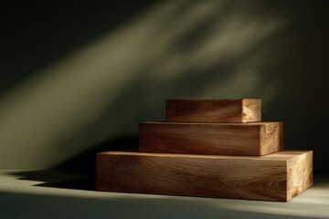 Minimalist wooden podium design featuring tiered levels in warm light oak against a smooth olive-beige backdrop