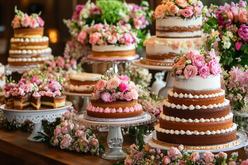 Elegant display of various cakes adorned with fresh flowers at a festive celebration in a charming venue