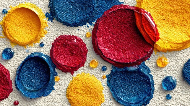   A close-up of various paint colors on a white surface in a red, yellow, and blue scheme