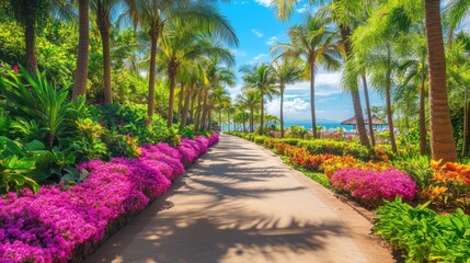 Fototapeta premium Tropical garden path at beach resort with colorful plants and soft sand underfoot