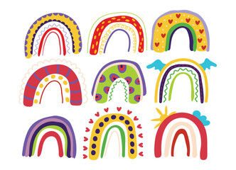 Bright cute rainbows on a dark background. Magic rainbow. Vector illustration.