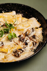 a dish in a restaurant on an olive background