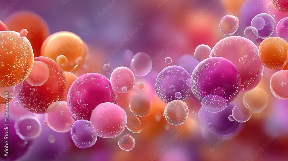 Poster a group of bubbles float against a gradient backdrop of purple and orange, with an out-of-focus depi