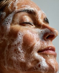 Foamy facial cleanser envelops woman&rsquo;s cheeks as she refreshes her skin in a serene bathroom moment