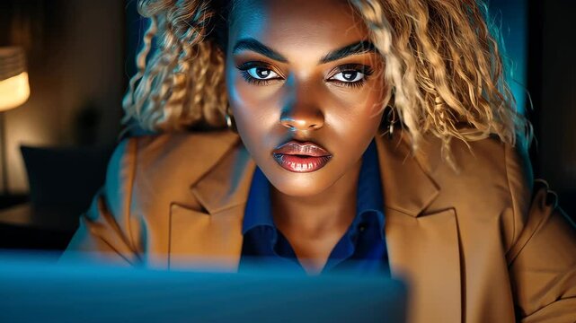 Intense Focus: A professional woman stares intently at a laptop screen, the ambient lighting highlighting her determined expression and conveying a sense of purpose and dedication.