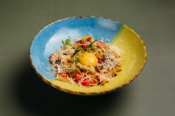 a dish in a restaurant on an olive background
