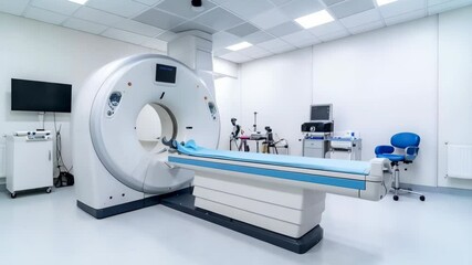 Computed tomography scanner and examination couch in sterile hospital room environment for diagnostic imaging and medical tests. - Powered by Adobe