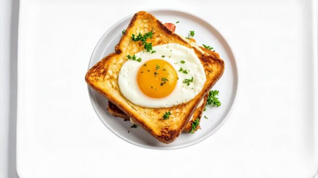 Overhead shot of a croque madame breakfast dish with fried egg on toast, garnished with fresh parsley on white plate.