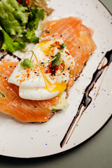 a dish in a restaurant on an olive background