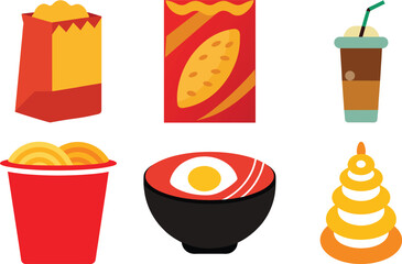 Fast food icon set with vector illustrations of burgers, pizza, coffee, and other meal symbols for menus