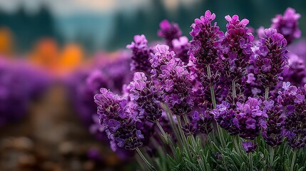 Fototapeta premium A field of purple flowers with a tree-laden foreground and a hazy sky