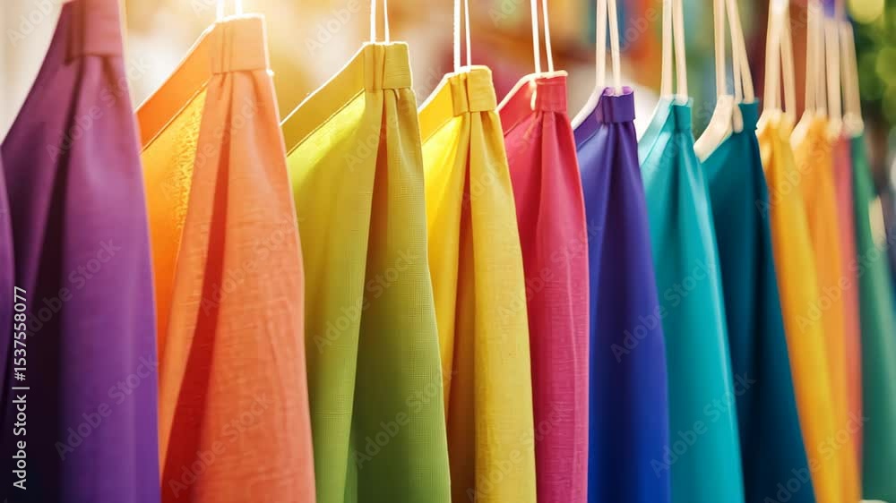 Poster colorful fabrics: a vibrant array of brightly colored fabric, hanging in a row, inviting the viewer 