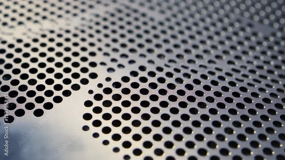 Poster metal perforated sheet: close-up of a metallic perforated sheet with a regular pattern of small, rou