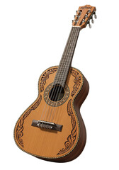 A beautifully crafted acoustic guitar with intricate floral designs on the body. The guitar has a natural wood finish and a transparent background.