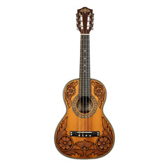 Obraz premium A beautifully crafted acoustic guitar with intricate floral designs on the body. The guitar has a natural wood finish and a classic shape, suitable for music lovers.