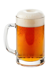 A clear glass mug filled with golden beer and a thick white foam head. The background is transparent, highlighting the drink's color and texture.