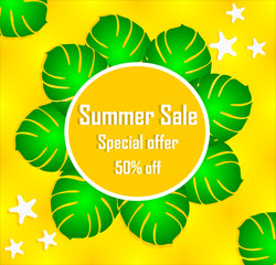 Bright banner for summer sales with monstera leaves and starfish. Banner with the inscription - Summer sale. Special offer. Up to 50%