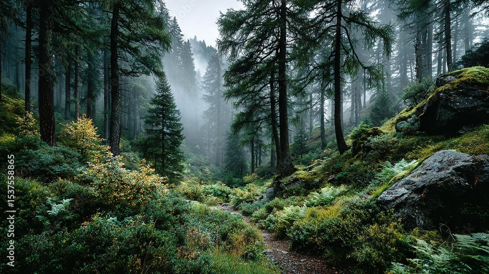Poster a path in dense woods, surrounded by tall trees and lush foliage on either side, with hazy mist obsc
