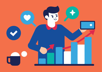 Businessman celebrating success with smartphone and graph