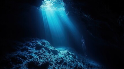 Obraz premium A lone diver silhouetted against a shaft of sunlight piercing the inky blackness of an underwater cave, surrounded by dark, rocky formations