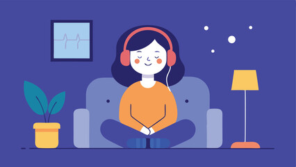 Woman relaxing at home listening to music with headphones