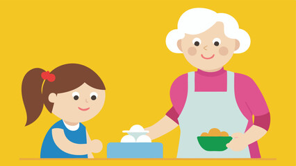 Grandparent and grandchild baking sweet treats together in kitchen