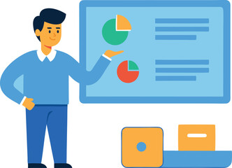 Man giving a presentation with charts and graphs on a whiteboard