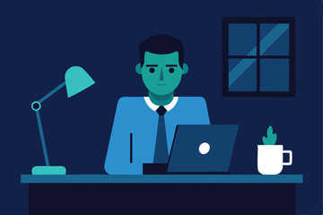 Man working late at night on laptop in office