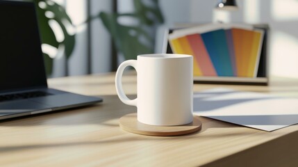  Minimalist white mug on wooden coaster with laptop and design color swatches in modern office setting