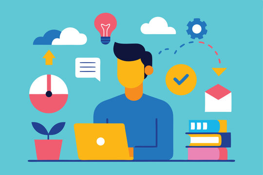 Man working on laptop with productivity icons surrounding him