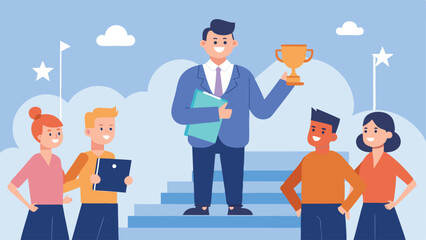 Successful businessman holding trophy with happy team celebrating achievement